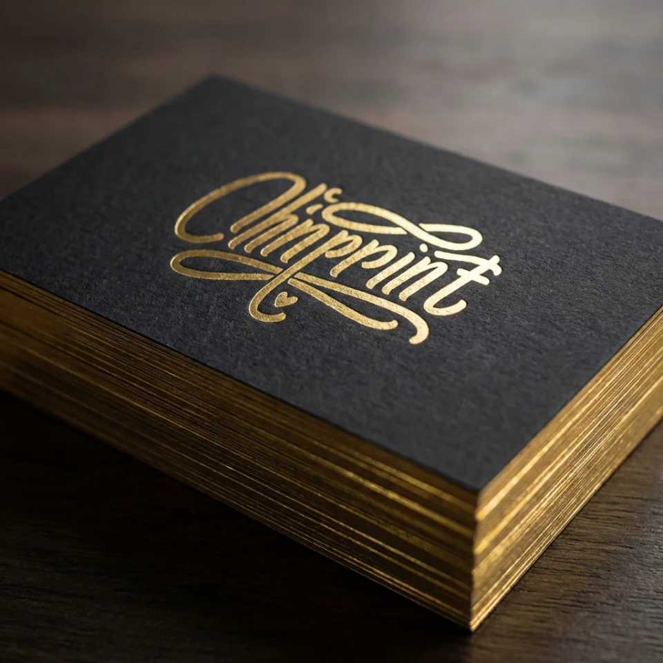 Black luxury business card with a gold foil pressed logo