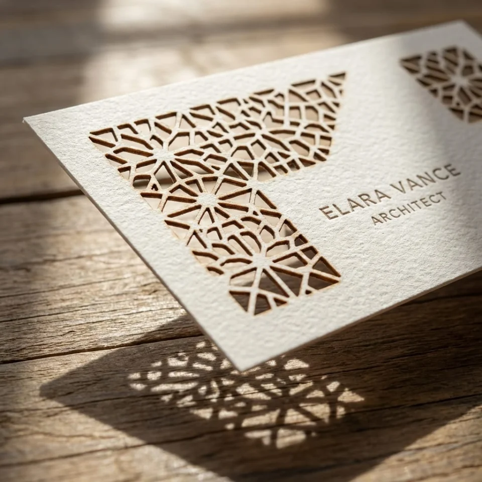 Artistic laser cut business card with precise geometric cutouts