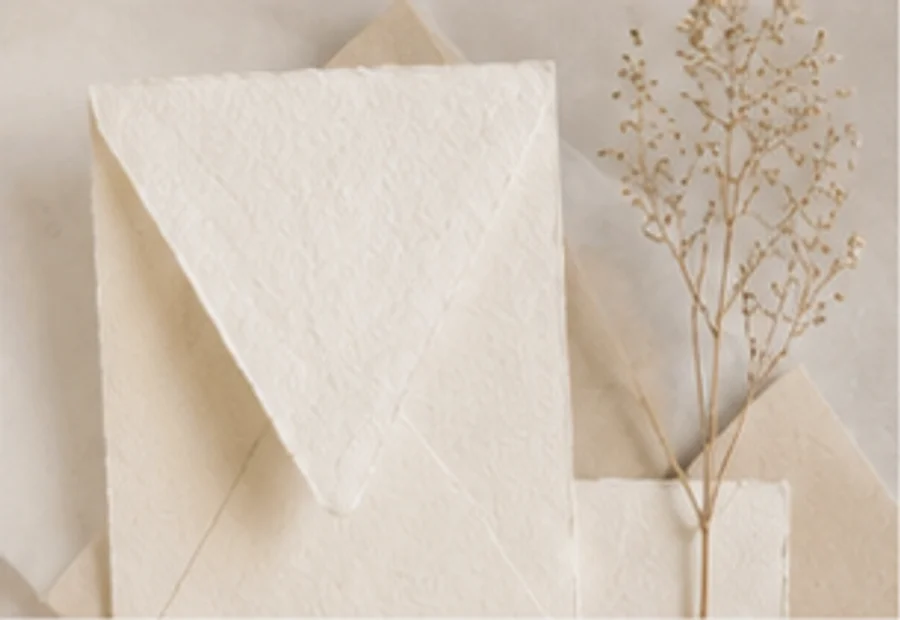 Handmade cotton envelope beside dried flowers