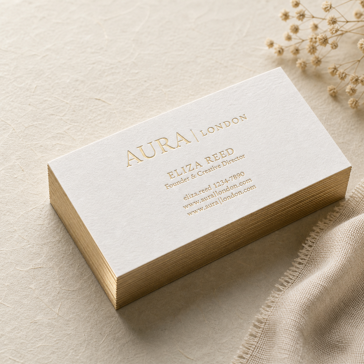 Luxury white business cards with gold foil gilded edges and embossed logo