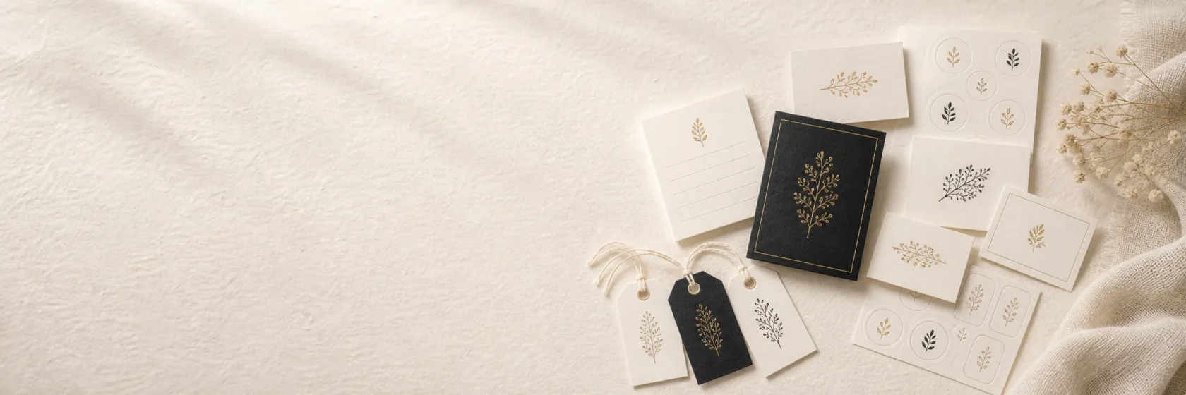 A premium collection of note cards, artisan stickers, gift tags, thank you cards, and luxury packaging boxes arranged aesthetically