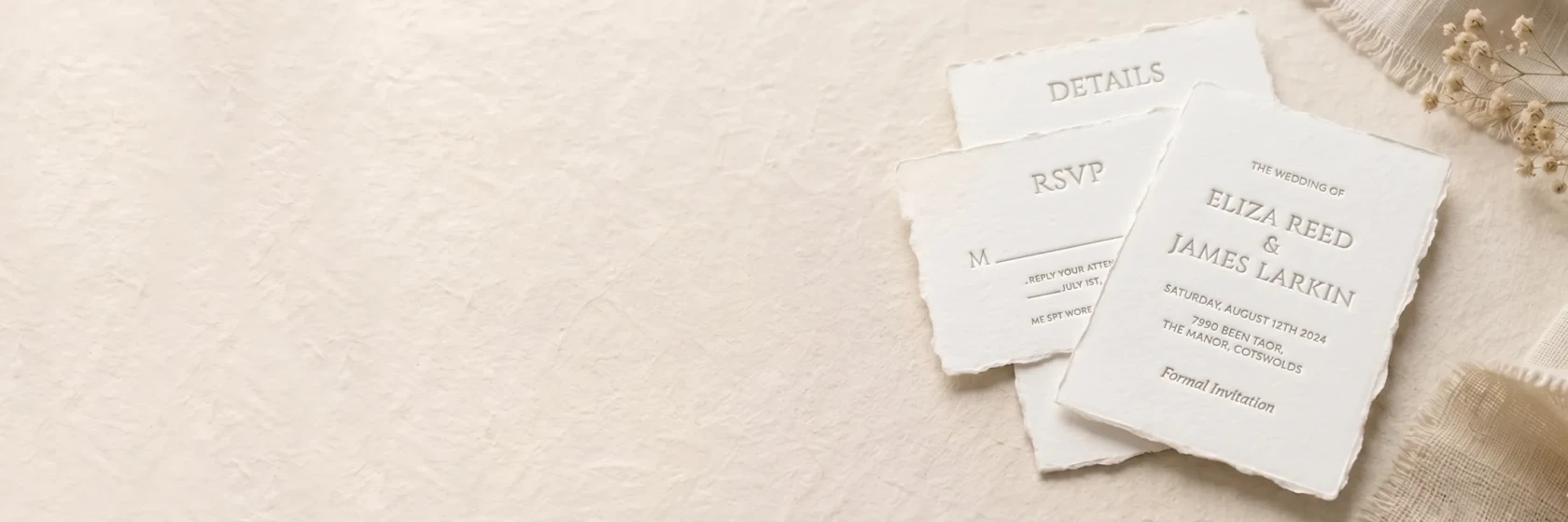 Bespoke letterpress wedding invitations suite printed on handmade cotton paper with deckle edges
